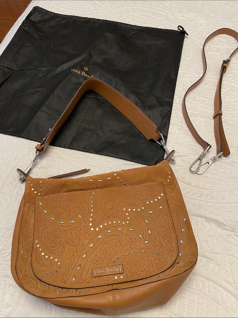 Vera Bradley CARSON Brown Leather Suede Studded Shoulder or Crossbody Bag - Picture 15 of 16